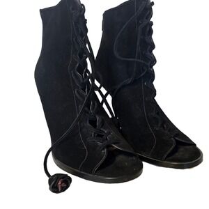Coach Lena Black Suede Lace-Up Peep Toe Heels Sz 9.5‎